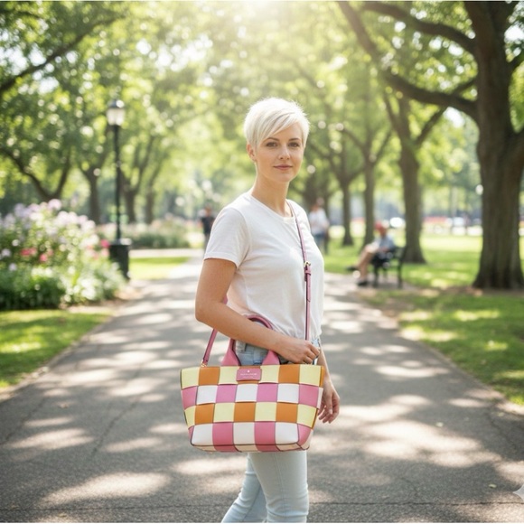 Kate Spade Basket Woven Leather Tote Detachable Crossbody Strap Like New - Picture 7 of 12